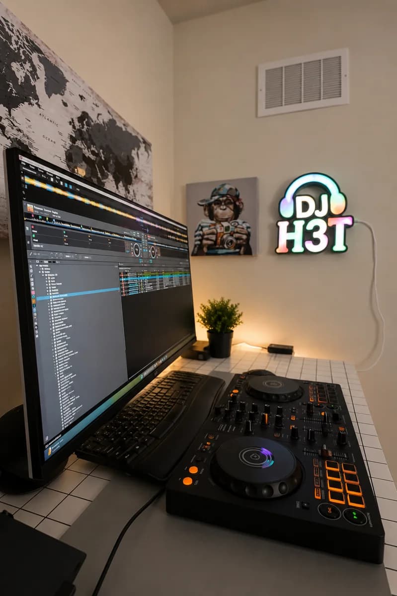 DJ H3T music preparation studio with controller and DJ software